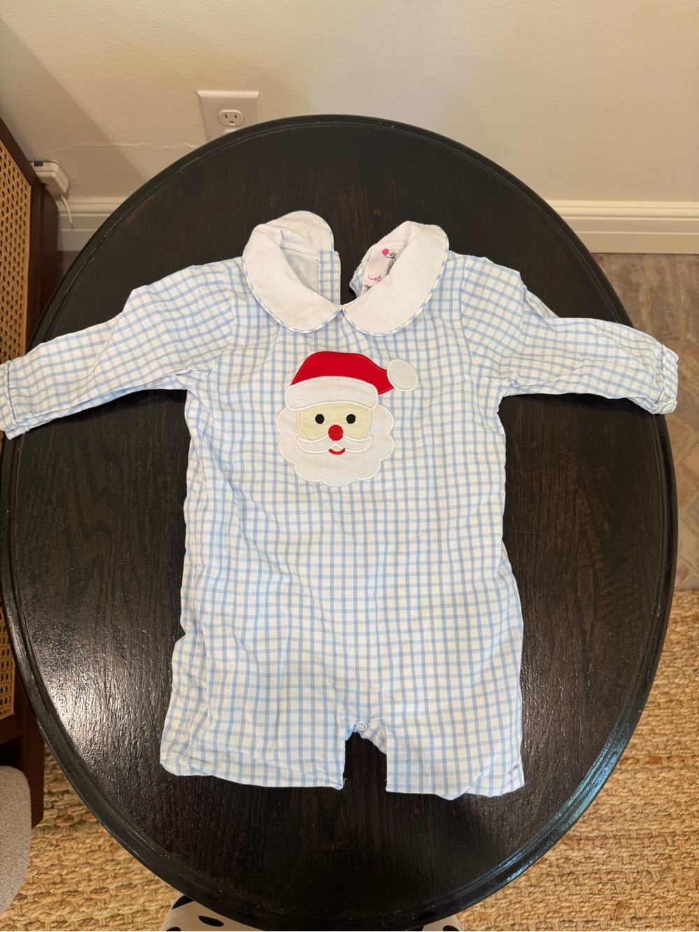 Elizabeth and James Blue and White Check Santa Applique One-Piece